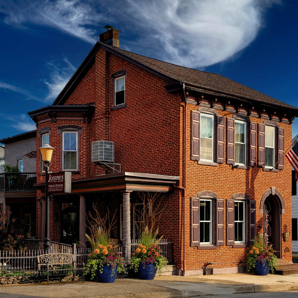 Joseph's Styling Salon historic brick storefront on South Reading Avenue in Boyertown, with plum shutters, salon sign, and flower planters.