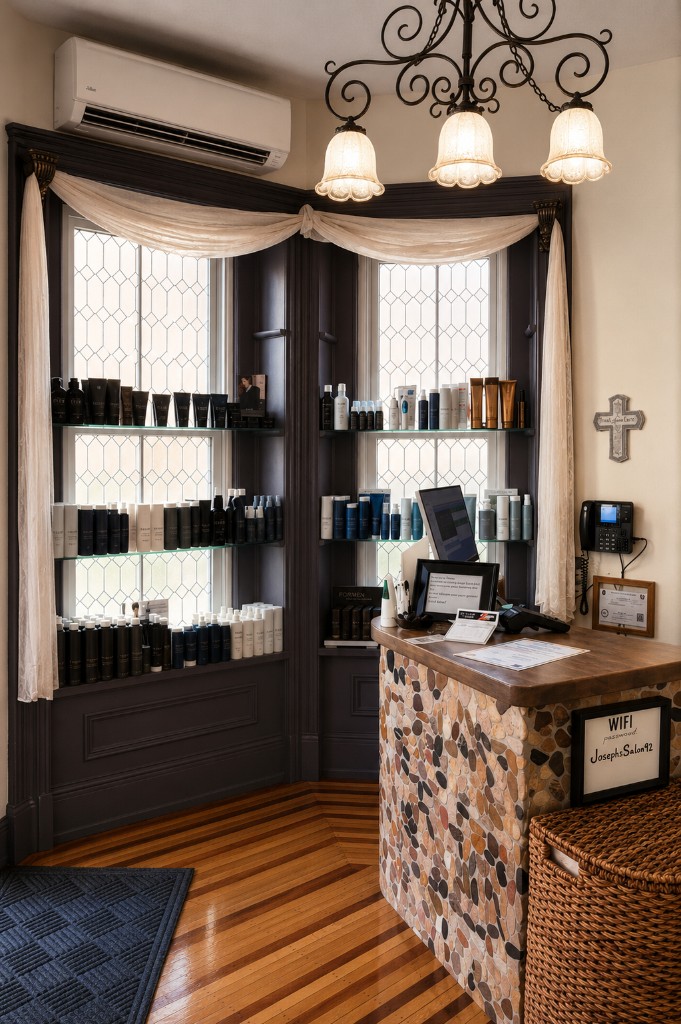 Reception desk and retail display at Joseph's Styling Salon with river-stone front desk and professional product shelving.