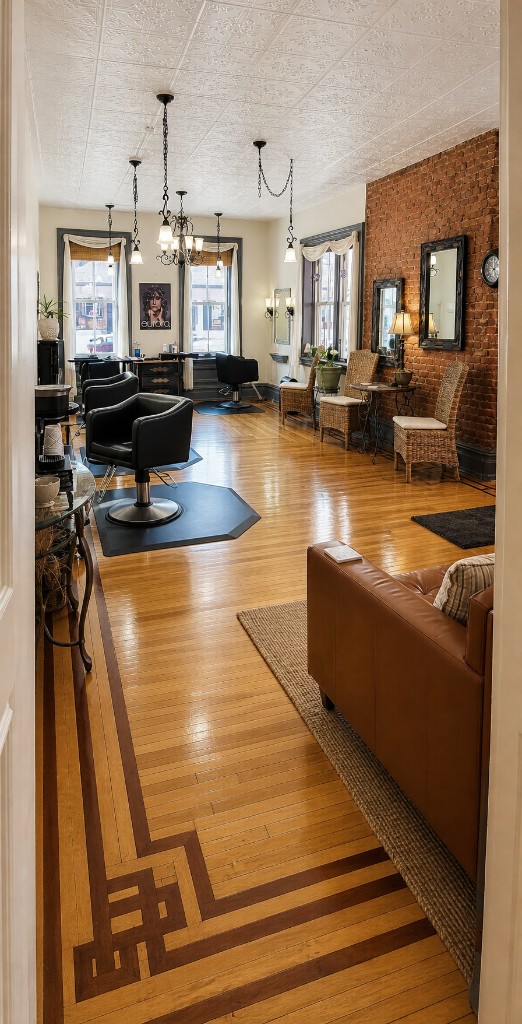 Main salon floor at Joseph's with styling chairs, heritage brick wall, honey oak floors, and warm natural light.
